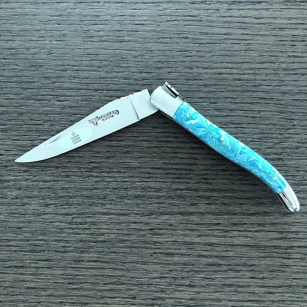 Laguiole en Aubrac Handcrafted Plated Multipurpose Knife with Shiny Bolsters, Larimar Handle, 4.75 inches - LaguioleEnAubracShop