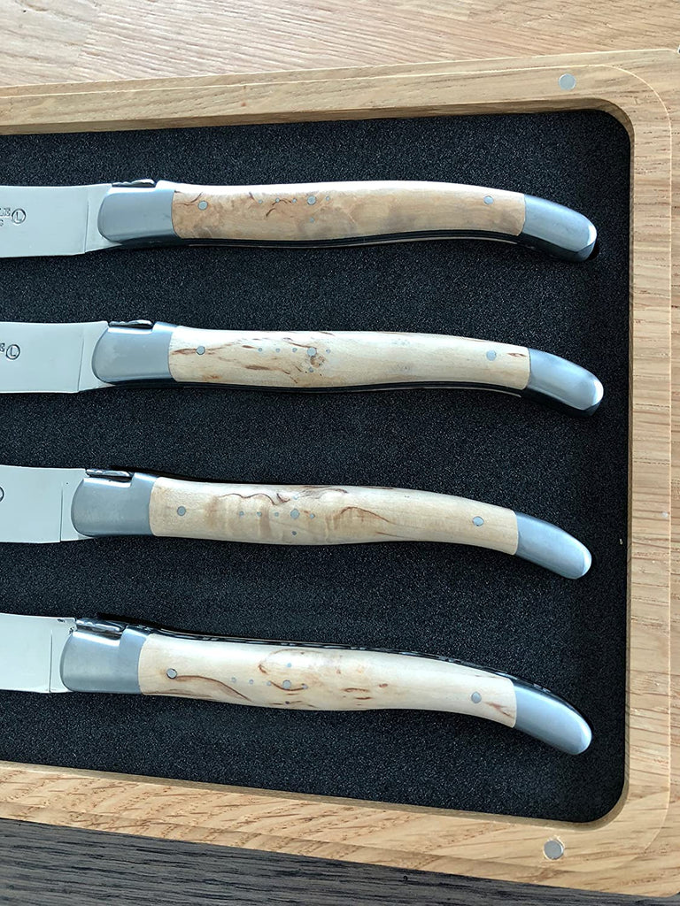 Laguiole en Aubrac Handcrafted 4-Piece Steak Knife Set with Birchwood Handles, Brushed Bolster - LaguioleEnAubracShop