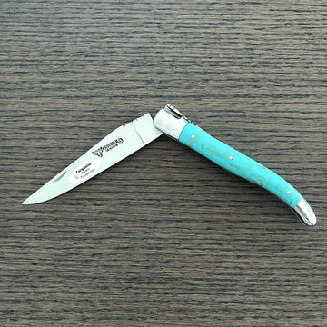 Laguiole en Aubrac Handcrafted Plated Multipurpose Knife with Shiny Bolsters, Turquoise Handle , 4.75 inches - LaguioleEnAubracShop
