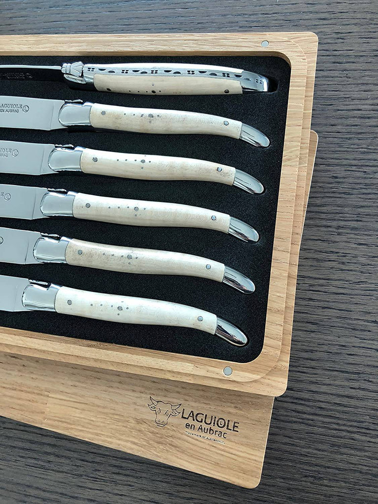 Laguiole en Aubrac Handcrafted Plated 6-Piece Steak Knife Set with Wavy Natural Maple Wood Handles - LaguioleEnAubracShop