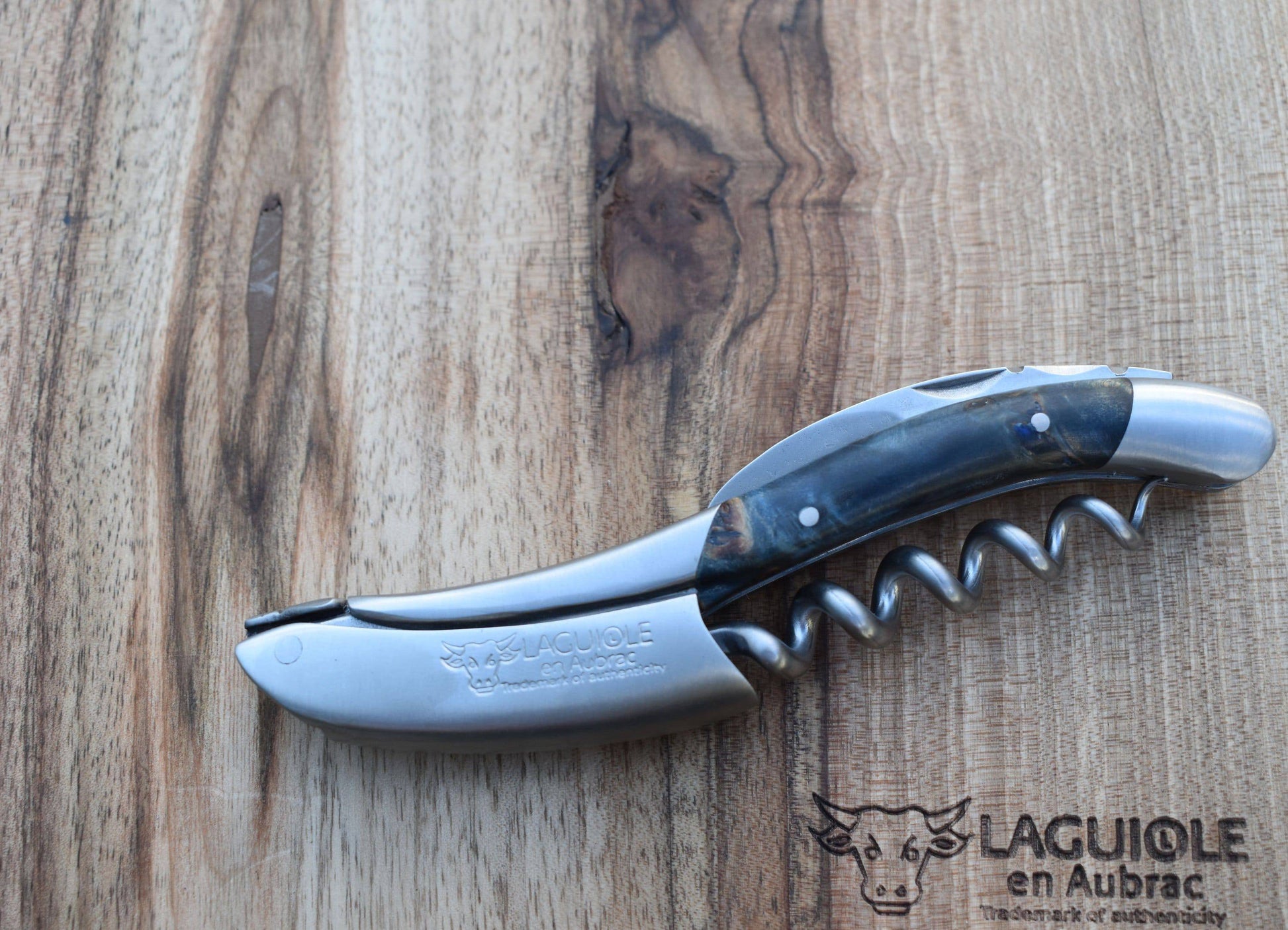 Handcrafted Brushed Sommelier Waiter's Corkscrew with Chestnut Buckeye Burl Blue Handle by Laguiole en Aubrac
