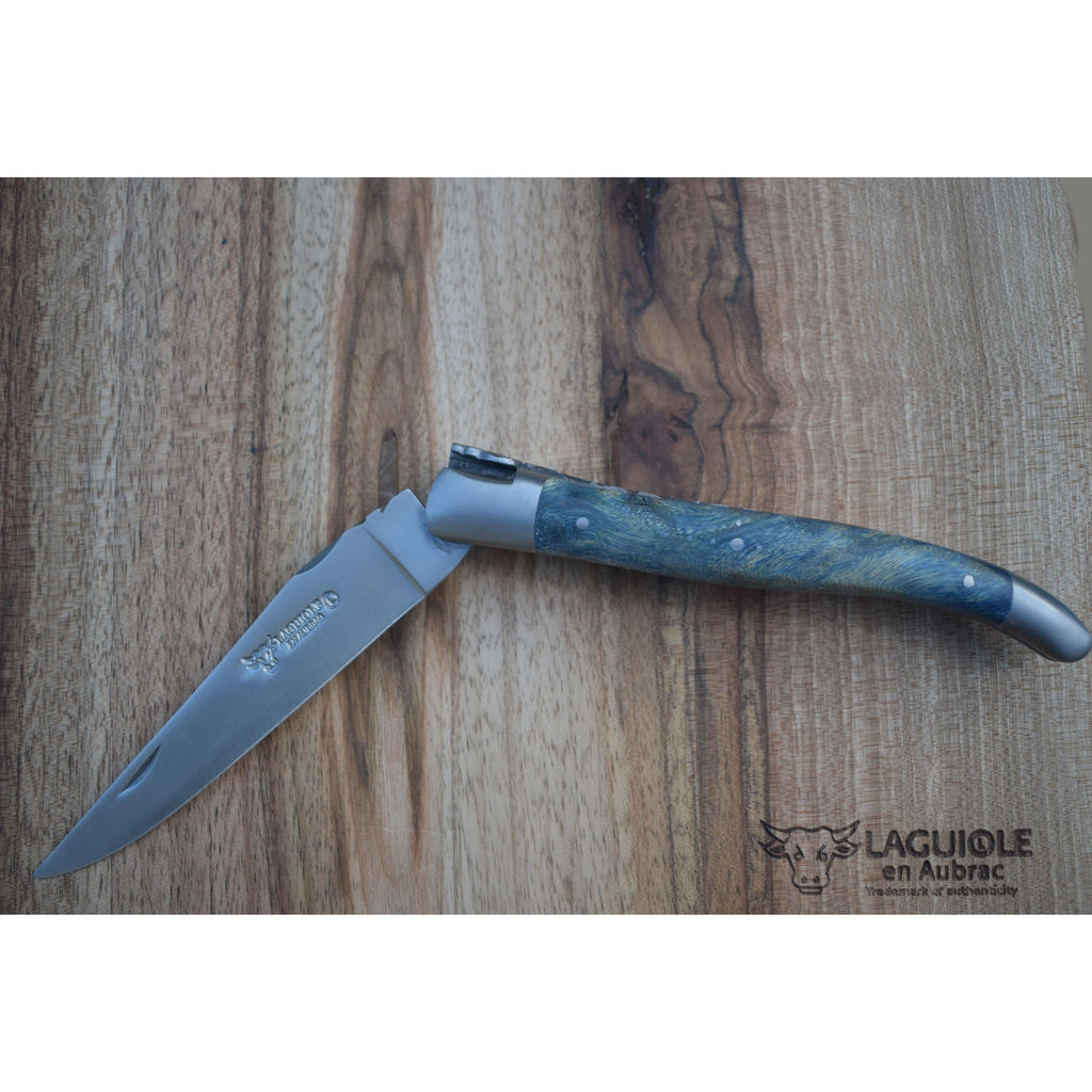 Laguiole en Aubrac Brushed Handcrafted Luxury Double Plated Multipurpose Knife with Buckeye Blue Handle,  4.75-inches - LaguioleEnAubracShop