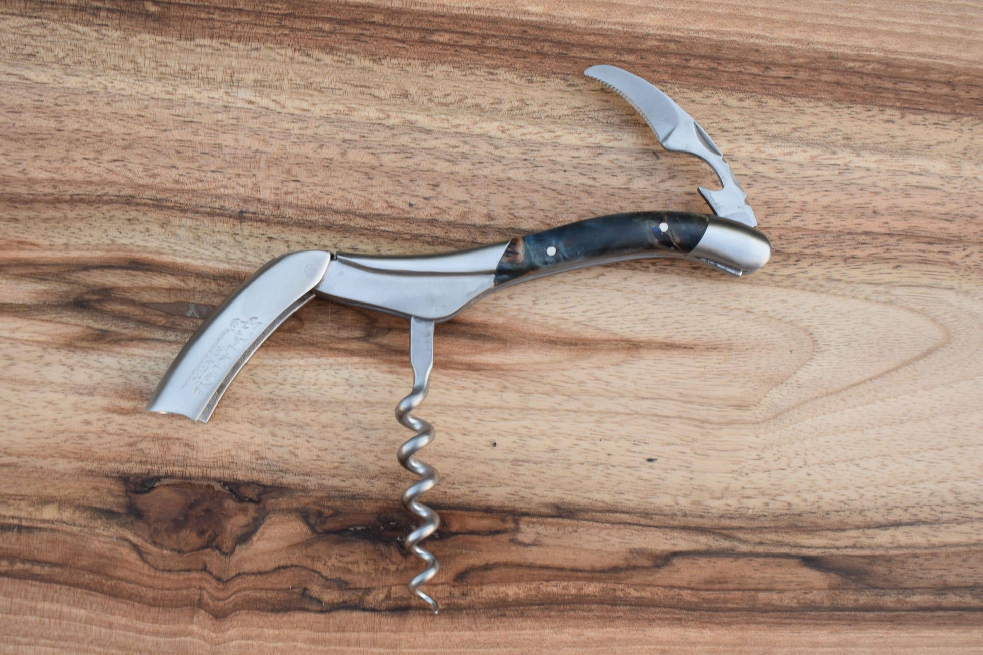 Handcrafted Brushed Sommelier Waiter's Corkscrew with Chestnut Buckeye Burl Blue Handle by Laguiole en Aubrac