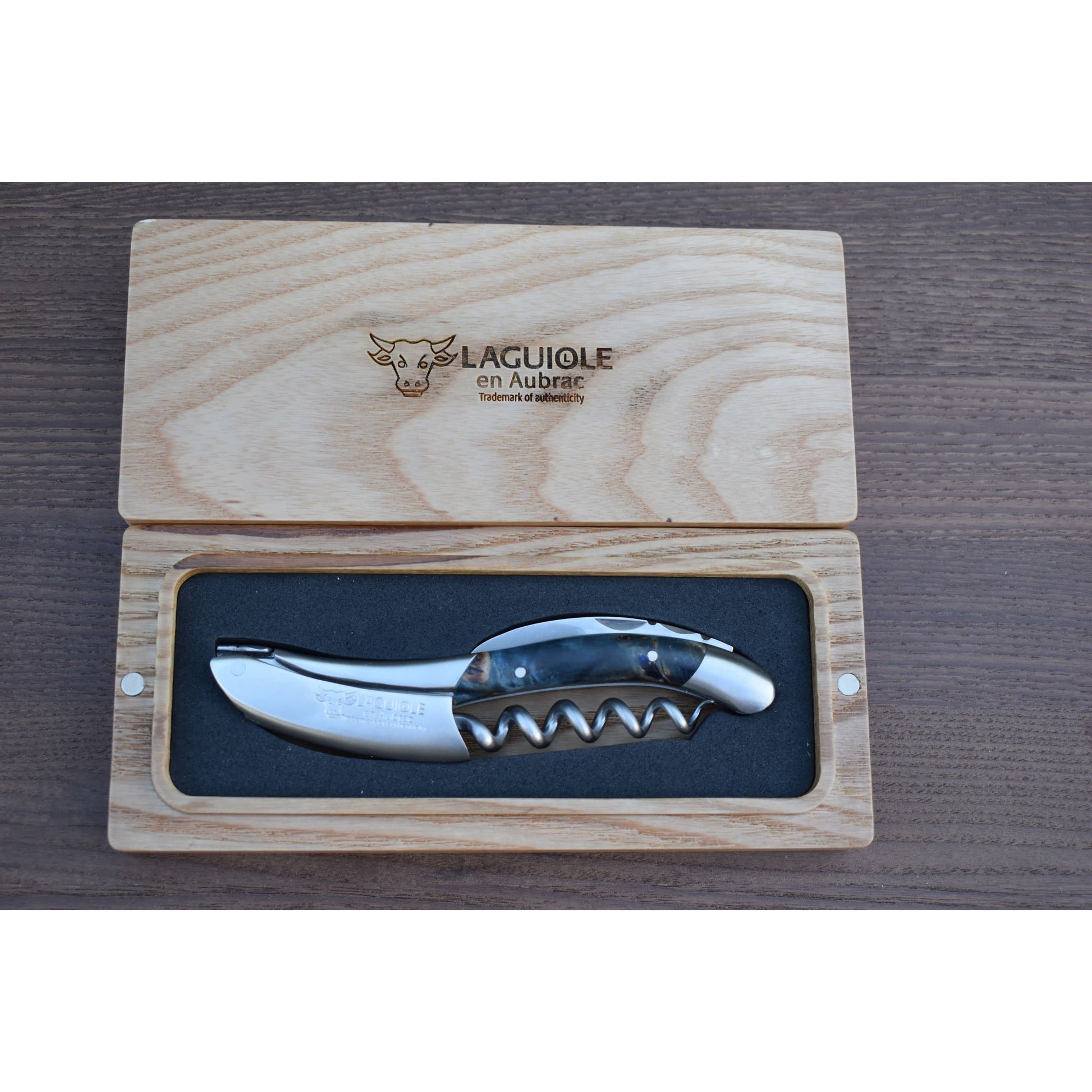 Handcrafted Brushed Sommelier Waiter's Corkscrew with Chestnut Buckeye Burl Blue Handle by Laguiole en Aubrac