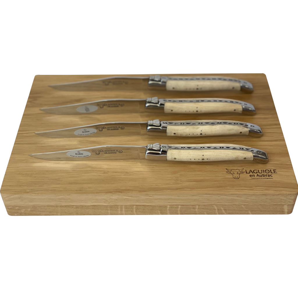 Laguiole en Aubrac Handcrafted Plated 4-Piece Steak Knife Set with Wavy Natural Maple Wood Handles - LaguioleEnAubracShop