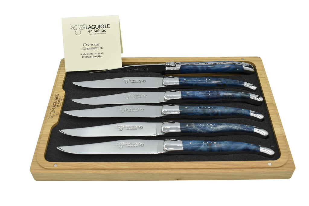Laguiole en Aubrac Handcrafted Polished Plated 6-Piece Steak Knife Set with Blue Poplar Burl Handles - LaguioleEnAubracShop