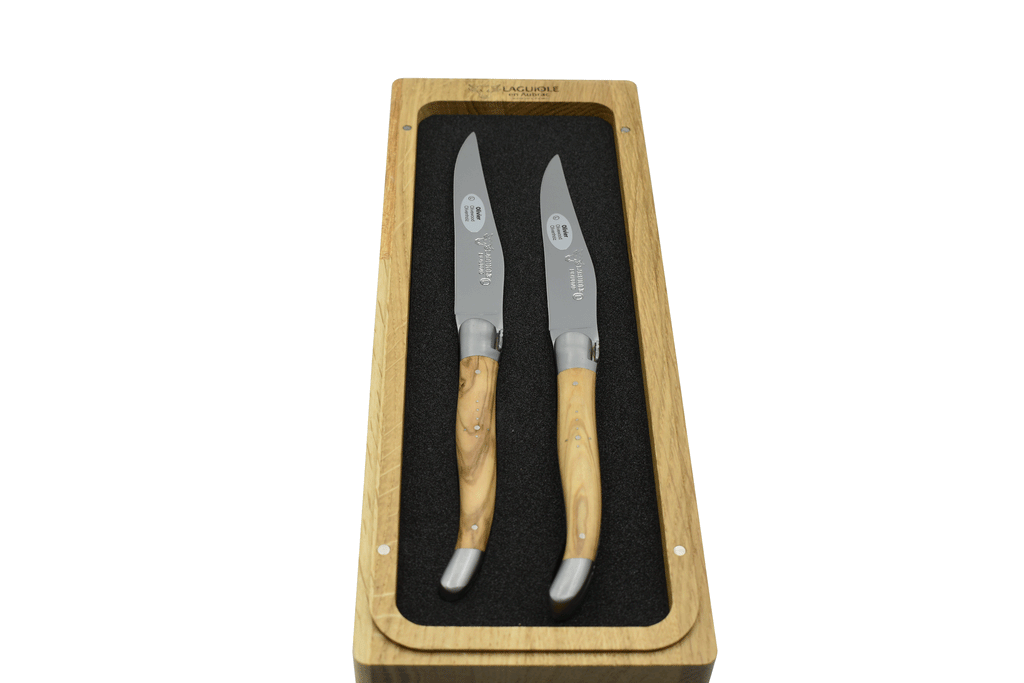 Laguiole en Aubrac Handcrafted Plated 2-Piece Steak Knife Set with Olivewood Handles - LaguioleEnAubracShop