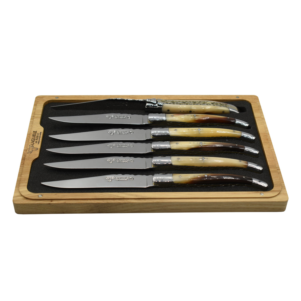 Laguiole en Aubrac Luxury Handcrafted Stainless Steel & Brass Double Plated 6-Piece Steak Knife Set with Solid Horn Handles - LaguioleEnAubracShop