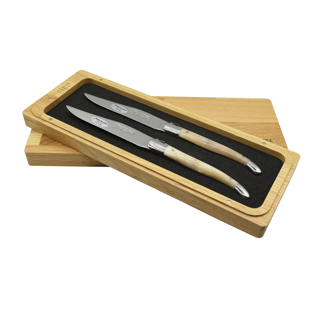Laguiole en Aubrac Handcrafted Plated 2-Piece Steak Knife Set with Solid Horn Handles - LaguioleEnAubracShop