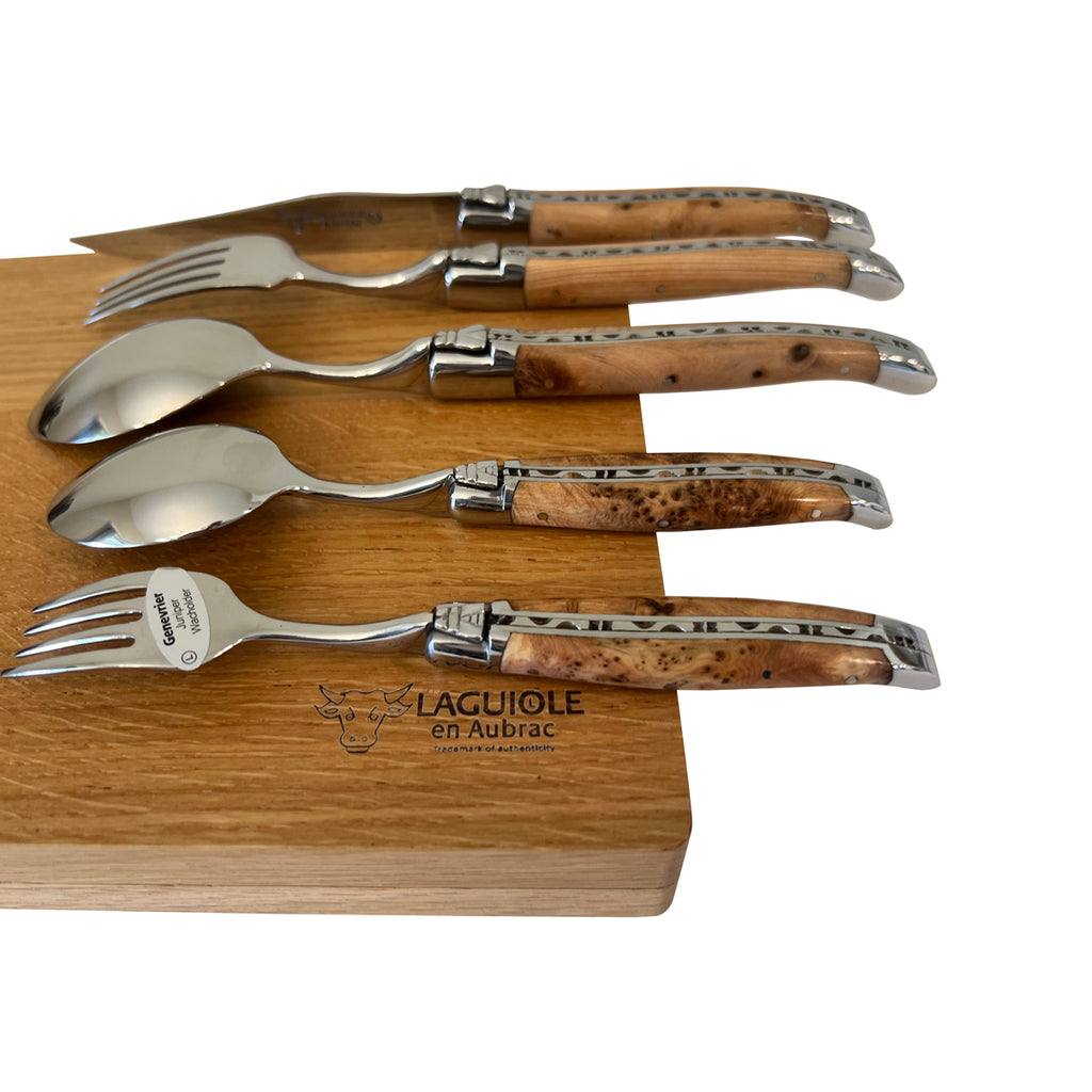 Laguiole en Aubrac Luxury 5-Piece Handcrafted Flatware Set, Juniper Wood Handles - LaguioleEnAubracShop