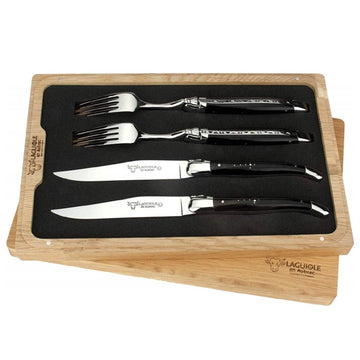 Laguiole en Aubrac Set of 2 Handcrafted French Steak Knives and 2 Forks with Buffalo Horn Handles - LaguioleEnAubracShop