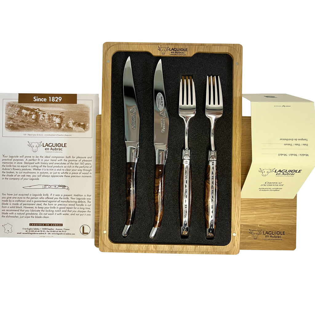 Laguiole en Aubrac Handcrafted 4-Piece Set With 2 Steak Knives and 2 Forks with Rich African Ironwood Handles - LaguioleEnAubracShop