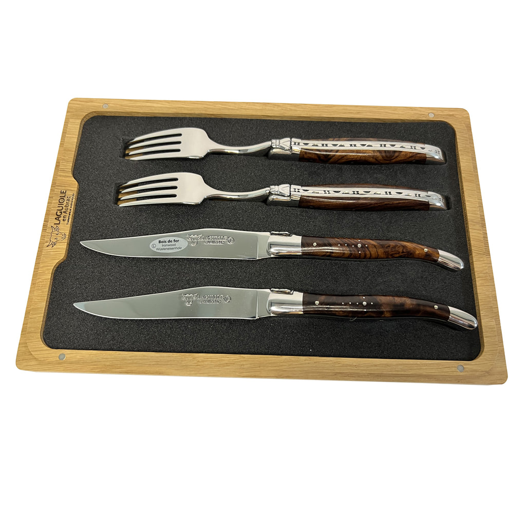 Laguiole en Aubrac Handcrafted 4-Piece Set With 2 Steak Knives and 2 Forks with Rich African Ironwood Handles - LaguioleEnAubracShop