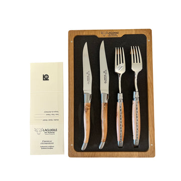 Laguiole en Aubrac Handcrafted 4-Piece Set With 2 Steak Knives and 2 Forks with Juniper Wood Handles - LaguioleEnAubracShop