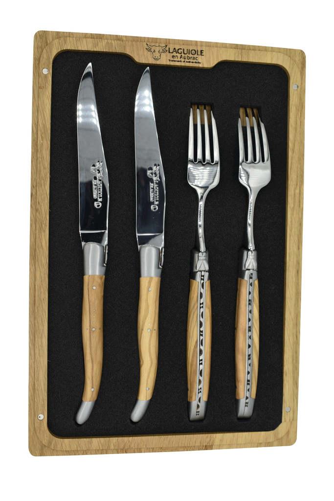 Laguiole en Aubrac Handcrafted 4 Piece Set With 2 Steak Knives and 2 Forks with Olivewood Handles - LaguioleEnAubracShop