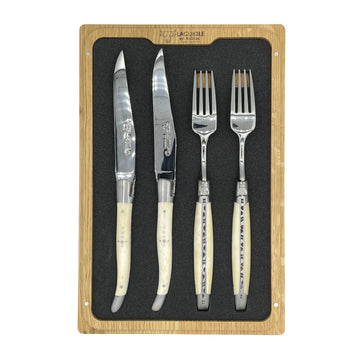 Laguiole en Aubrac Handcrafted 4-Piece Set With 2 Steak Knives and 2 Forks With Zebu Bone Handles - LaguioleEnAubracShop