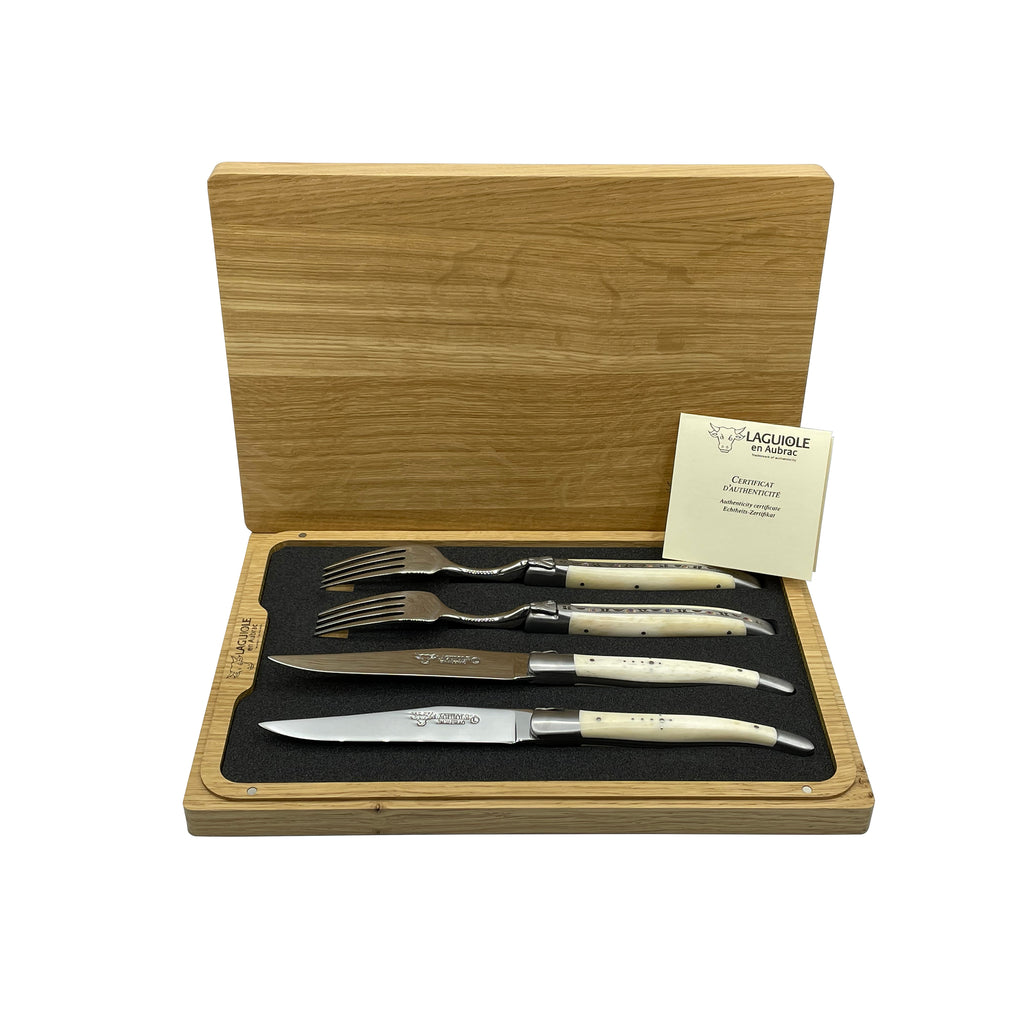 Laguiole en Aubrac Handcrafted 4-Piece Set With 2 Steak Knives and 2 Forks With Zebu Bone Handles - LaguioleEnAubracShop