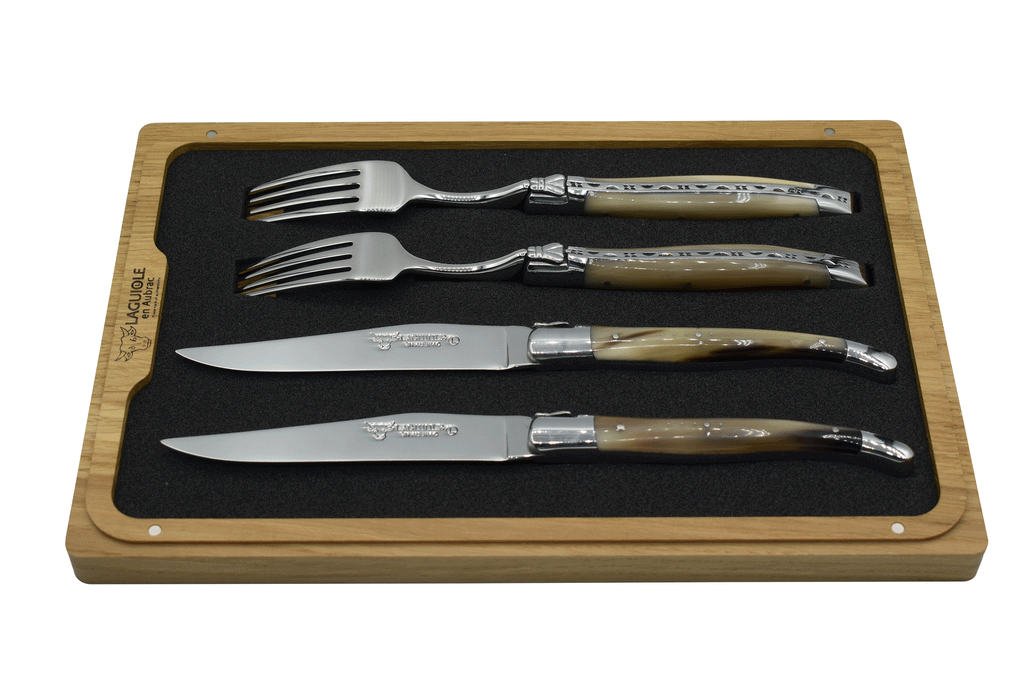 Laguiole en Aubrac Handcrafted 4 Piece Set With 2 Steak Knives and 2 Forks with Solid Horn Handles - LaguioleEnAubracShop