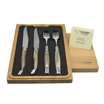 Laguiole en Aubrac Handcrafted 4 Piece Set With 2 Steak Knives and 2 Forks with Solid Horn Handles - LaguioleEnAubracShop