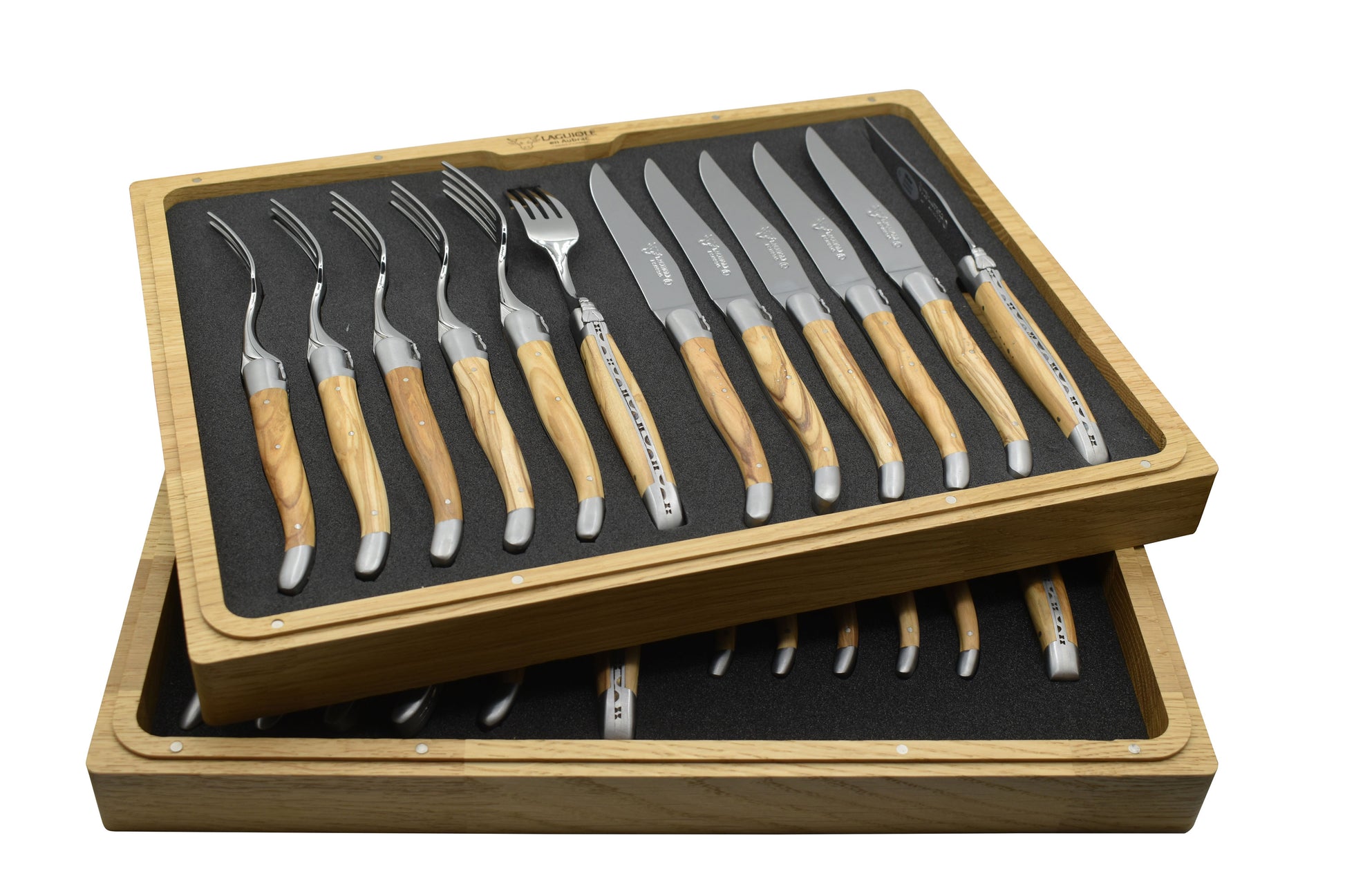 Laguiole en Aubrac Luxury 24-Piece Handcrafted Flatware Set, Olive Wood Handles - LaguioleEnAubracShop