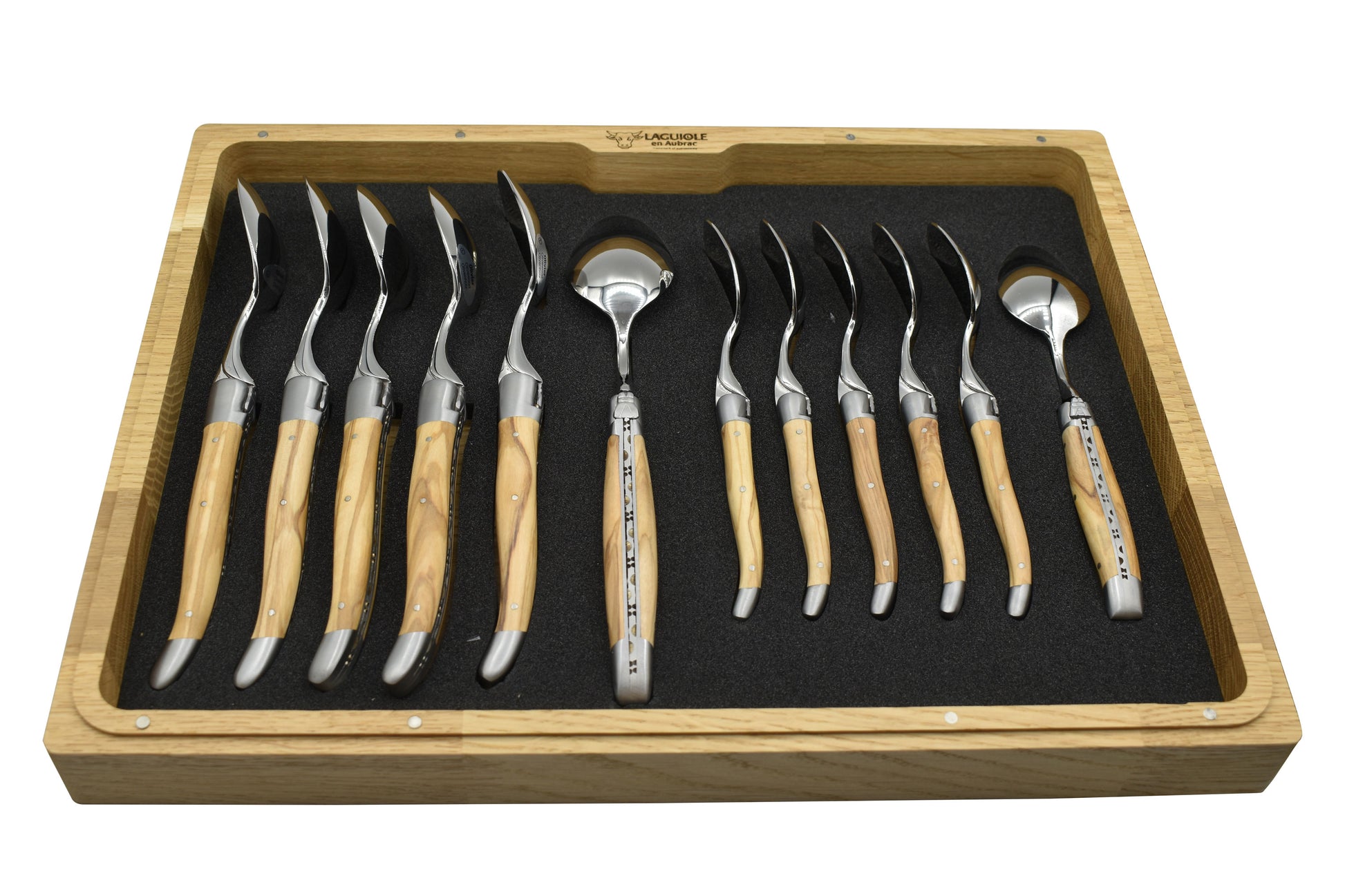 Laguiole en Aubrac Luxury 24-Piece Handcrafted Flatware Set, Olive Wood Handles - LaguioleEnAubracShop