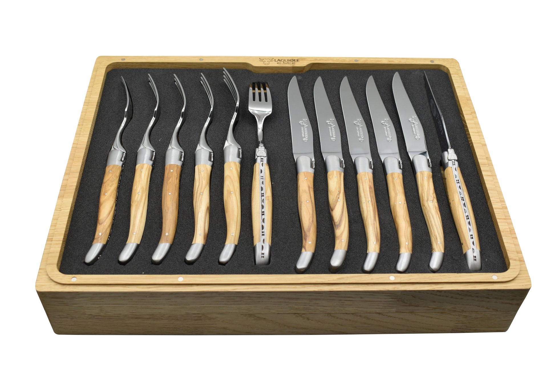 Laguiole en Aubrac Luxury 24-Piece Handcrafted Flatware Set, Olive Wood Handles - LaguioleEnAubracShop