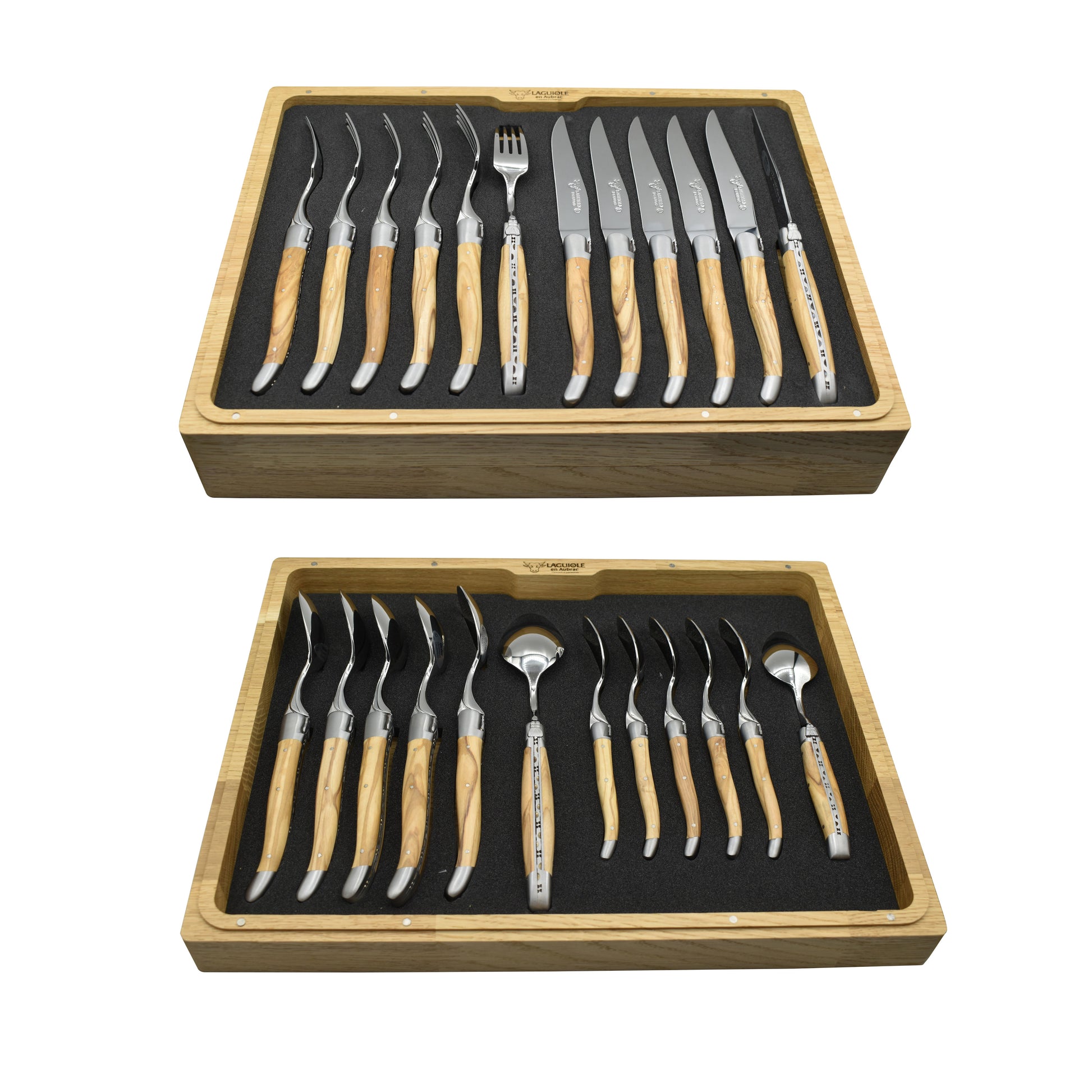 Laguiole en Aubrac Luxury 24-Piece Handcrafted Flatware Set, Olive Wood Handles - LaguioleEnAubracShop