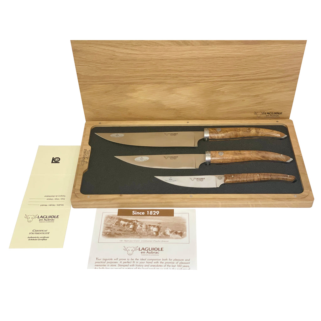 Laguiole en Aubrac Handcrafted 3-Piece Kitchen Knife Set with Teak Wood Handles - LaguioleEnAubracShop