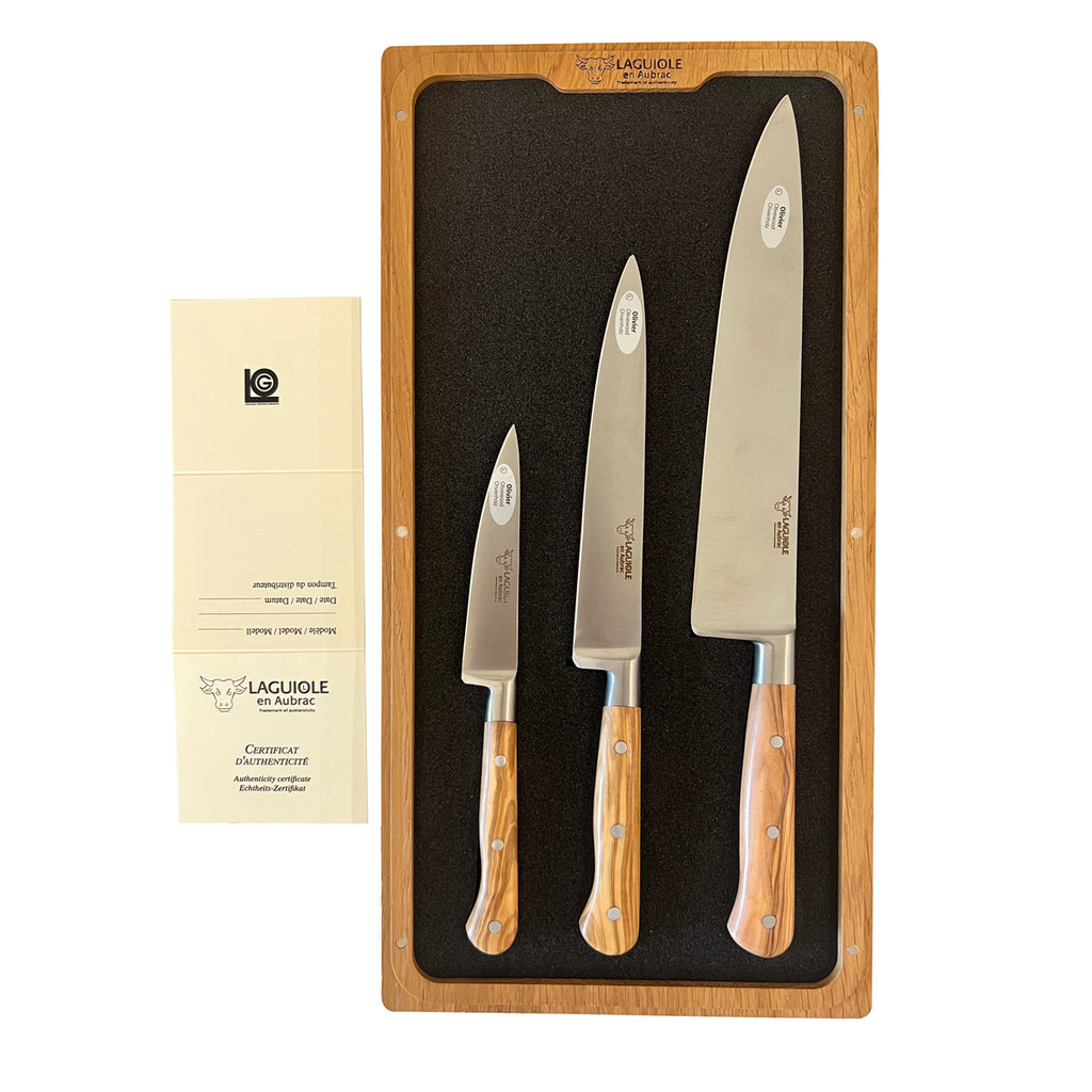 Laguiole en Aubrac Professional Stainless Fully Forged Steel Starter 3-Piece Premium Kitchen Knife Set With Olivewood Handles - LaguioleEnAubracShop