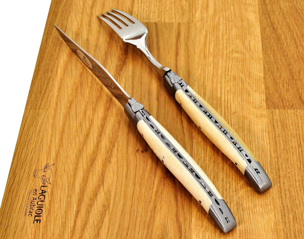 Laguiole en Aubrac Set of 4 Handcrafted French Steak Knives and 4 Forks with Bone Handles - LaguioleEnAubracShop
