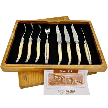 Laguiole en Aubrac Set of 4 Handcrafted French Steak Knives and 4 Forks with Bone Handles - LaguioleEnAubracShop