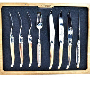 Laguiole en Aubrac Set of 4 Handcrafted French Steak Knives and 4 Forks with Solid Horn Handles - LaguioleEnAubracShop