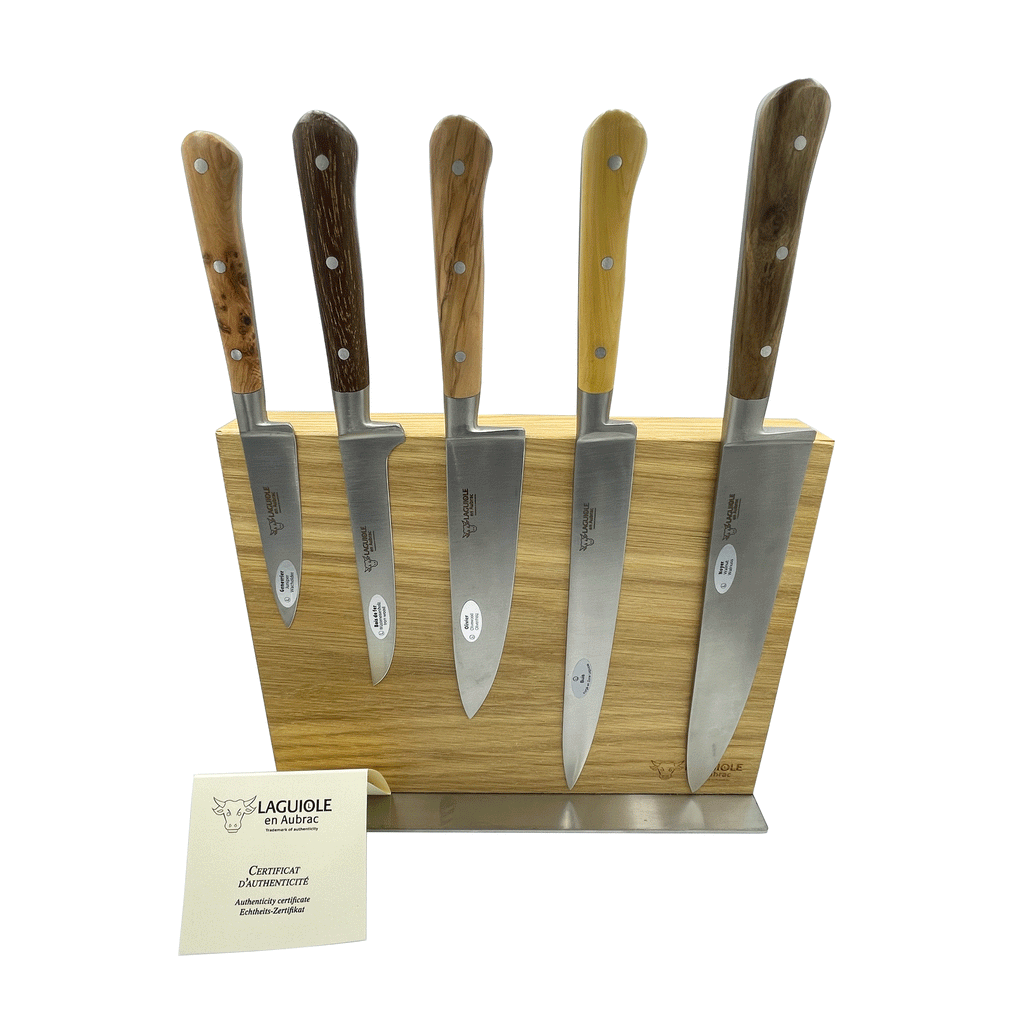 Laguiole en Aubrac Handcrafted 6-Piece Kitchen Knife Set with Mixed Wood Handles, Magnetic Oak Block - LaguioleEnAubracShop