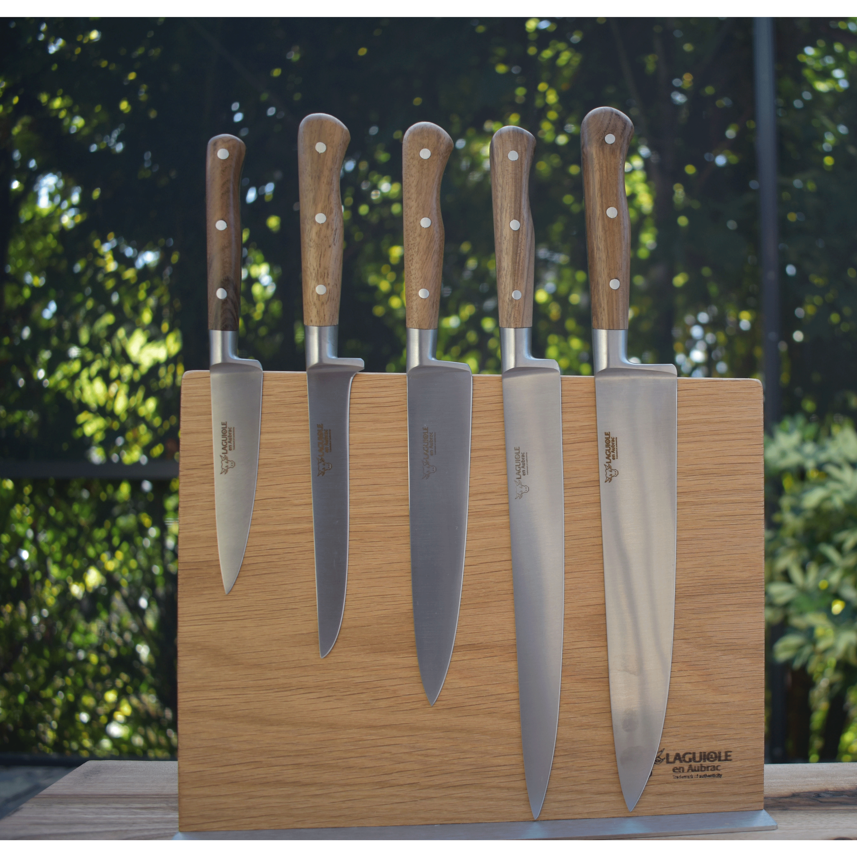 Laguiole en Aubrac Handcrafted 6-Piece Kitchen Knife Set with Ziricote Wood Handle, Magnetic Oak Block