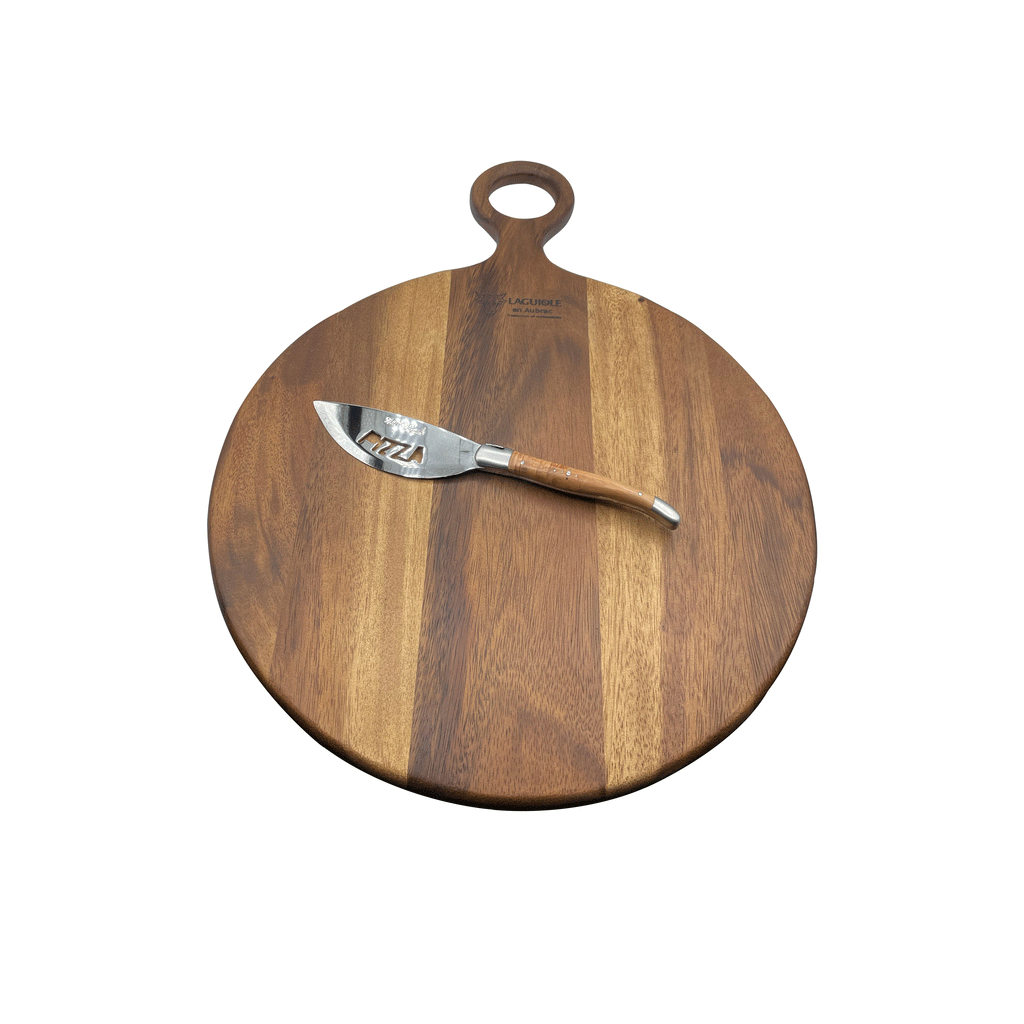 Laguiole en Aubrac Round Solid Maple Wood Cutting Board, 14-in, with Juniper Wood Handle Pizza Cutter, 10-in - LaguioleEnAubracShop