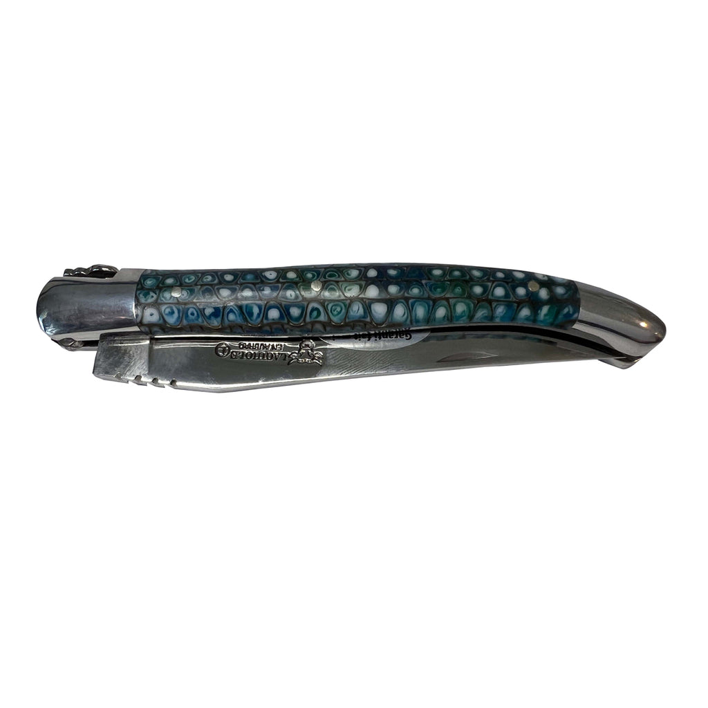 Laguiole en Aubrac Handcrafted Plated Multipurpose Knife with Turquoise & Black Paper Waves Handle , 4.75-Inches - LaguioleEnAubracShop