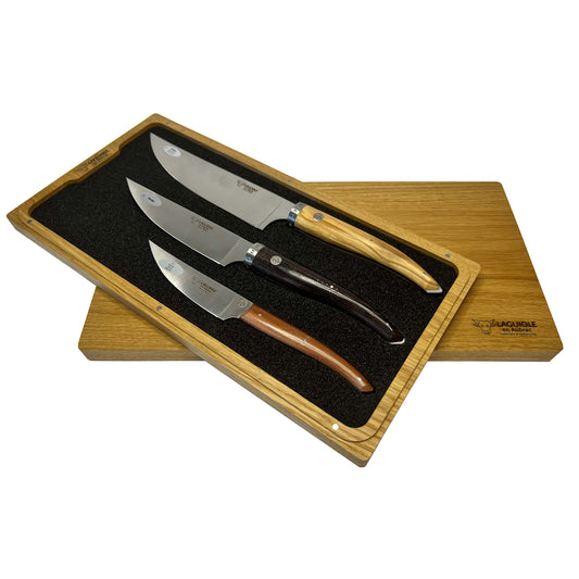 Laguiole en Aubrac Handcrafted 3-Piece Kitchen Knife Set with Mixed Wood Handles - LaguioleEnAubracShop