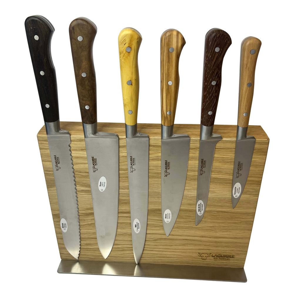 Laguiole en Aubrac Handcrafted 7-Piece Kitchen Knife Set with Mixed Wood Handles, Magnetic Oak Block - LaguioleEnAubracShop