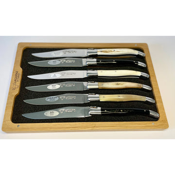 Laguiole en Aubrac Handcrafted Plated 6-Piece Steak Knife Set with Mixed Horn Handles - LaguioleEnAubracShop