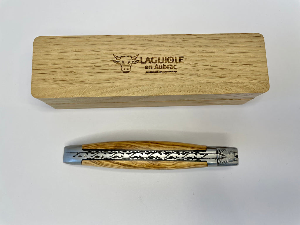Laguiole en Aubrac Handcrafted Limited Edition Plated Multipurpose Knife with Burl Olivewood Handle, Stainless Steel Matte Bolsters, 4.75-Inches - LaguioleEnAubracShop