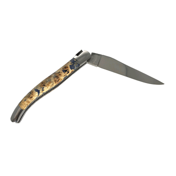 Laguiole en Aubrac Handcrafted Double Plated Multipurpose Knife with Shiny Bolsters, Blue Stabilized Wood Burl Handle,  4.75-inches - LaguioleEnAubracShop