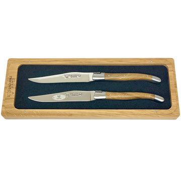 Laguiole en Aubrac Handcrafted Plated 2-Piece Steak Knife Set with Teak Wood Handles - LaguioleEnAubracShop