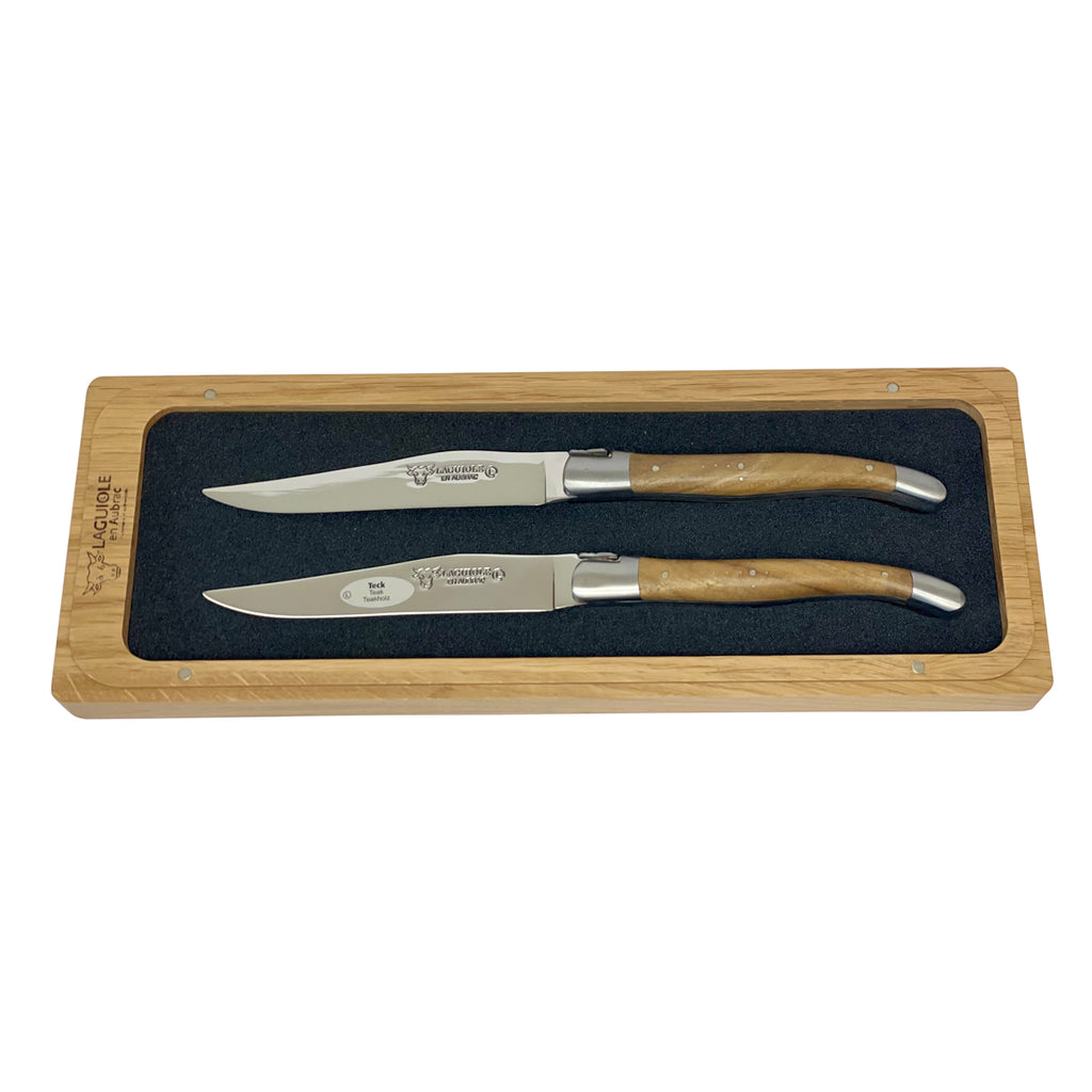 Laguiole en Aubrac Handcrafted Plated 2-Piece Steak Knife Set with Teak Wood Handles - LaguioleEnAubracShop