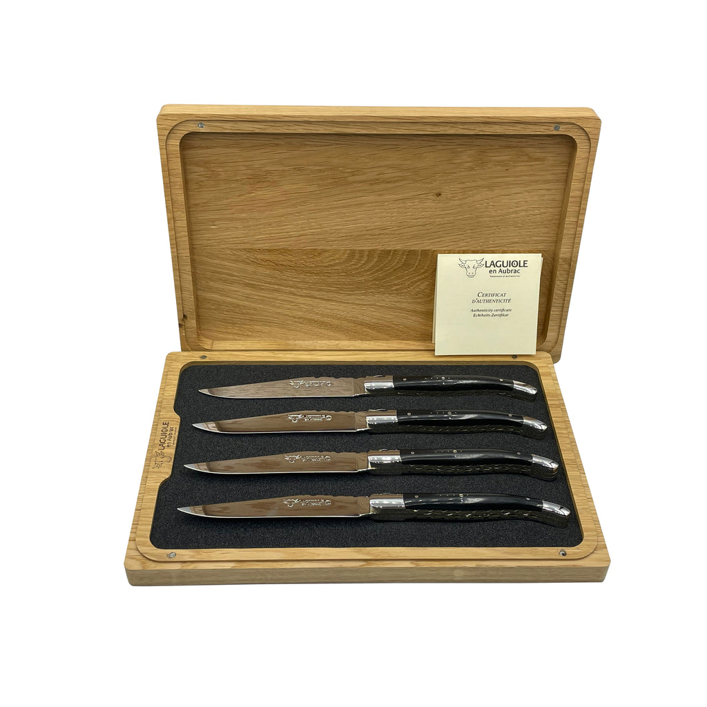 Laguiole en Aubrac Luxury Handcrafted Stainless Steel & Brass Double Plated 4-Piece Steak Knife Set with Ebony Wood Handles - LaguioleEnAubracShop