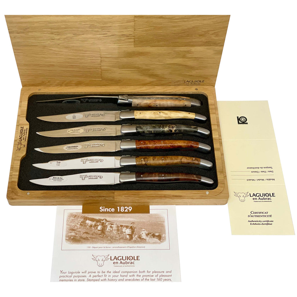 Laguiole en Aubrac Handcrafted Plated 6-Piece Brushed Steak Knife Set with Mixed Burls Wood Handles - LaguioleEnAubracShop