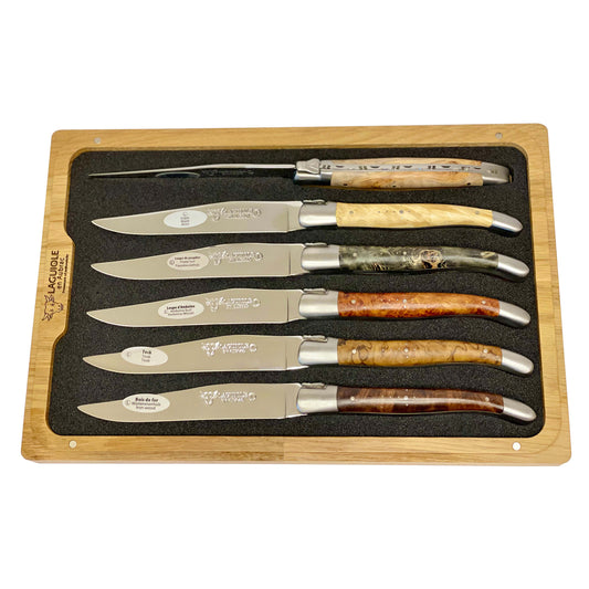 Laguiole en Aubrac Handcrafted Plated 6-Piece Brushed Steak Knife Set with Mixed Burls Wood Handles - LaguioleEnAubracShop