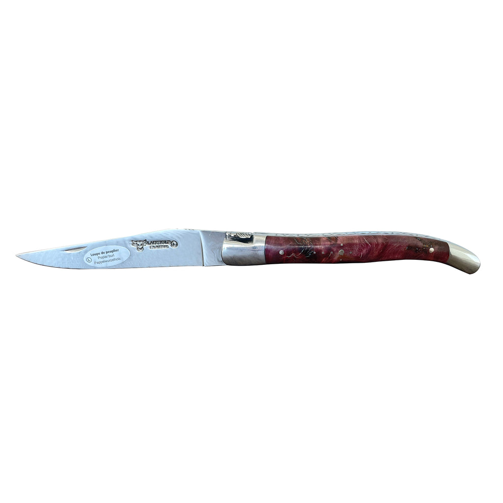 Laguiole en Aubrac Handcrafted Double Plated Multipurpose Knife with Stabilized Purple Poplar Burl, 4.75-Inches - LaguioleEnAubracShop