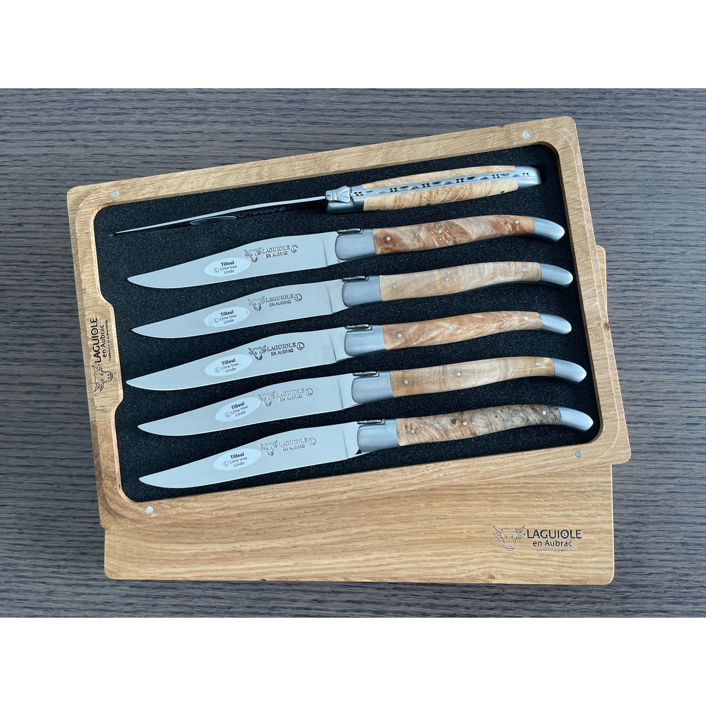 Laguiole en Aubrac Handcrafted Plated 6-Piece Steak Knife Set with Lime Tree Burl Wood Handles - LaguioleEnAubracShop