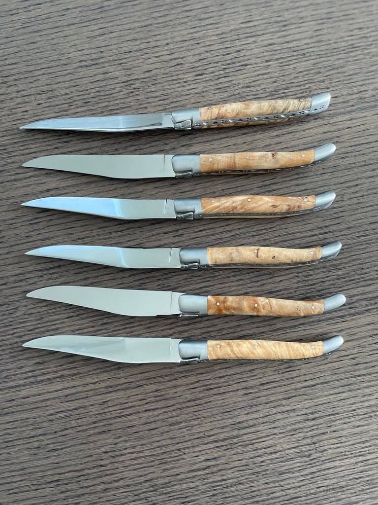 Laguiole en Aubrac Handcrafted Plated 6-Piece Steak Knife Set with Lime Tree Burl Wood Handles - LaguioleEnAubracShop
