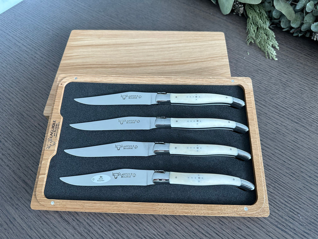 Laguiole en Aubrac Handcrafted 4-Piece Steak Knife Set with Zebu Bone Handles, Polished Bolsters - LaguioleEnAubracShop
